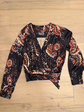 Anthropology Satiny Faux Wrap Dark Floral Top, Size XL, like new